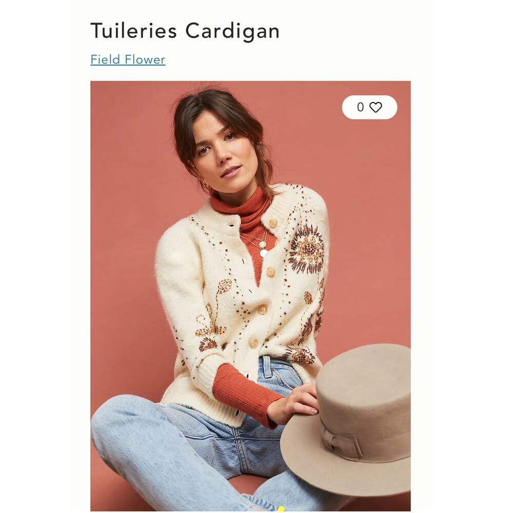 Anthropologie Field Flower Tulleries Beaded wool cotton beige Cardigan Sweater S